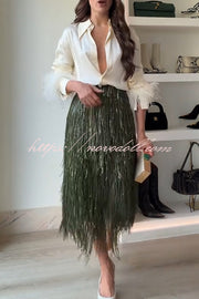 Party Crasher Feather Trim Long Sleeve Button Up Loose Blouse