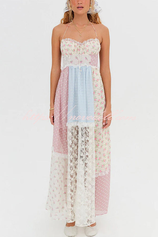 Floral Lace Sexy Halterneck Backless Patchwork Maxi Dress