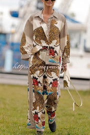 Exotic Leopard Flower Patchwork Print Button Down Oversized Blouse