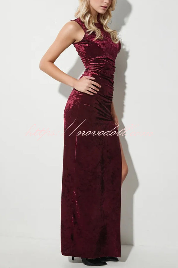 Solid Color Velvet Round Neck Sleeveless Slim Slit Maxi Dress