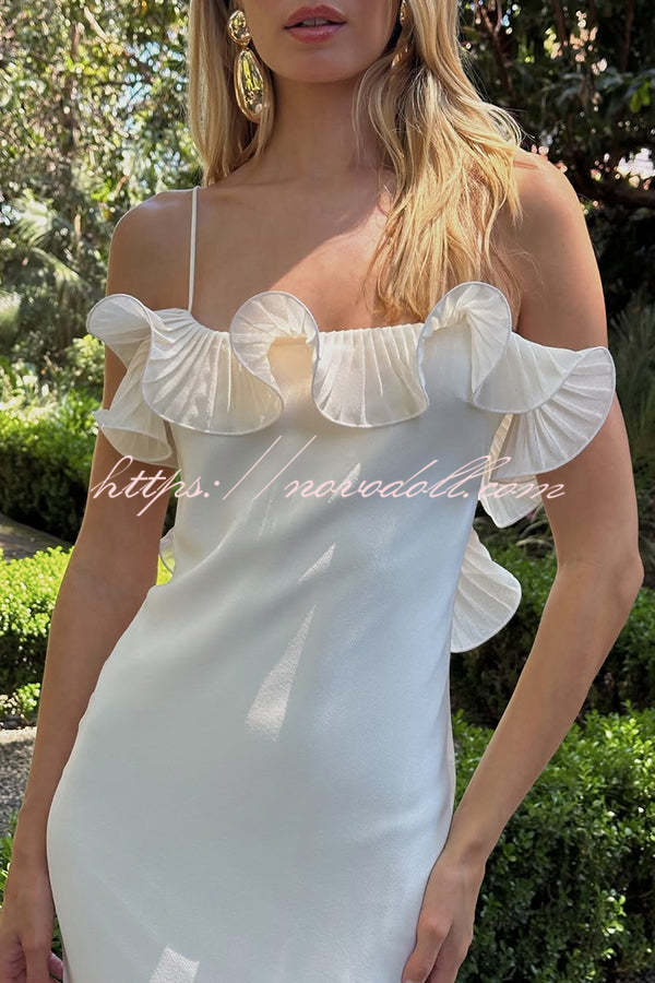 Alisin Pleated Chiffon Wavy Ruffles Trim Slip Maxi Dress
