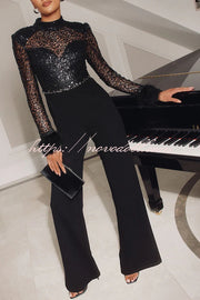 Aerie Sequin Embellished Mock Neck Long Sleeve Feather Cuff Flare Jumpsuit