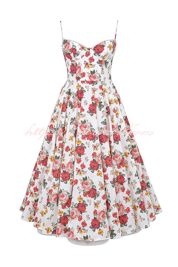 Fairy Tale Gorgeous Italian Rose Print Tulle Pocketed Slip Midi Dress