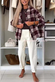 Fashion Plaid Print Lapel Long Sleeve Loose Zipper Jacket