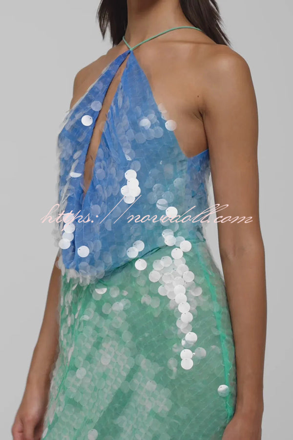 Fashion Sexy Sequined Backless Halter Neck Slim Fit Mini Dress