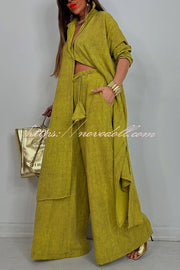 Solid Color Casual Loose Long Shirt and Elastic Waist Pocket Wide Leg Pants Set