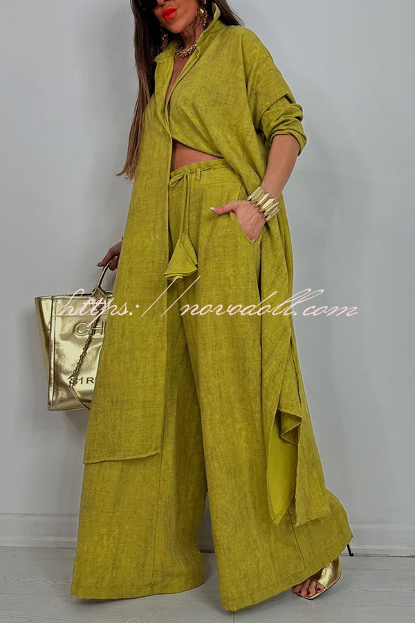 Solid Color Casual Loose Long Shirt and Elastic Waist Pocket Wide Leg Pants Set