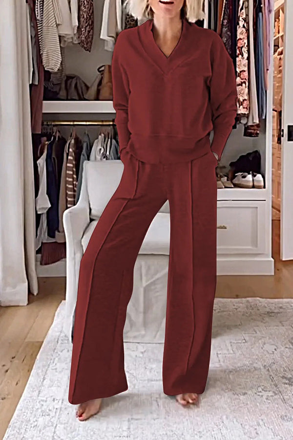 Weather Gets Cold Solid Color V-neck Top and Elastic Waist Pocketed Lounge Pants Set