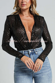 Alora Sequin Wrap Front Plunge Neck Long Sleeve Bodysuit