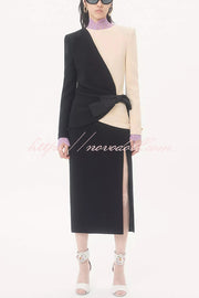 Love Unfolded Contrast Color Side Bow Tie-up Long Sleeve Slit Midi Dress
