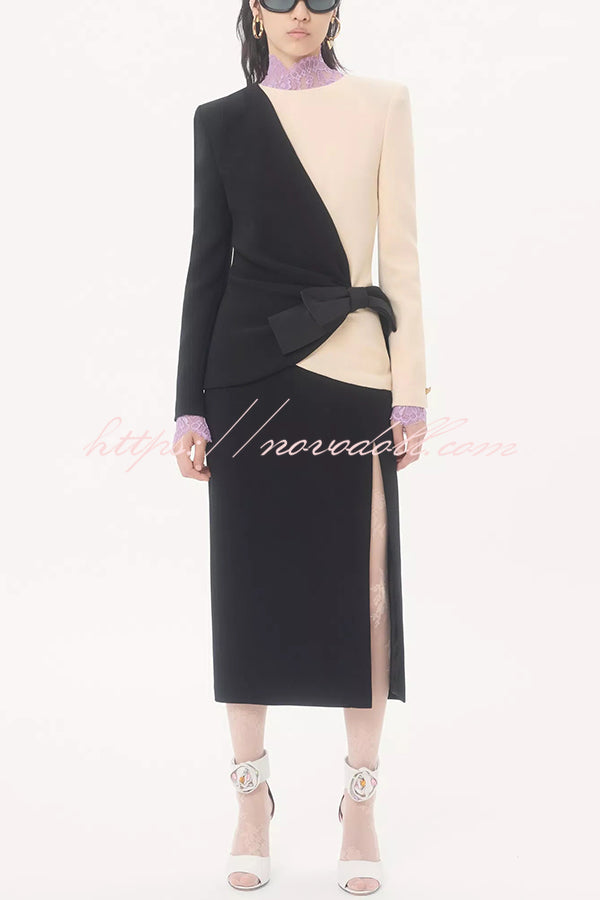 Love Unfolded Contrast Color Side Bow Tie-up Long Sleeve Slit Midi Dress