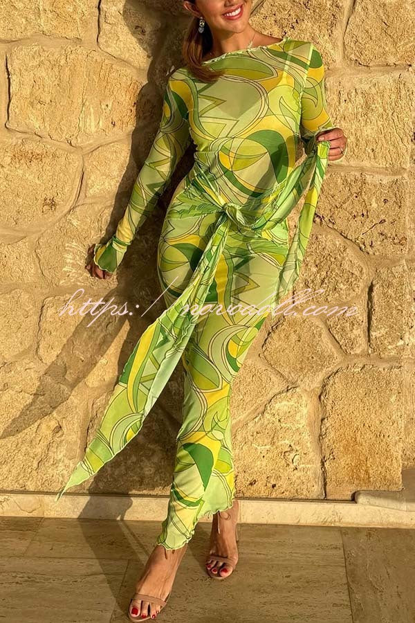 Nessie Mesh Unique Print Tie-up Waist Long Sleeve Stretch See-Through Maxi Dress