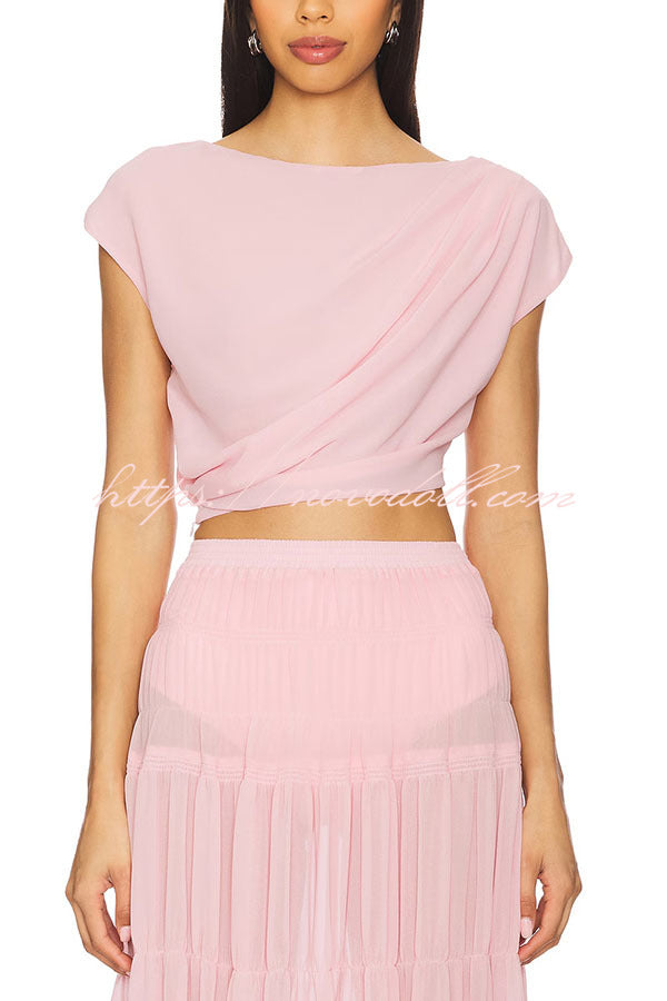 Stunning Chiffon Ruched Shoulder Short Sleeve Crop Top