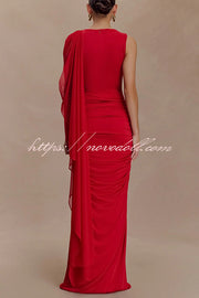 Fashionable Mesh Shawl Sleeveless Slim Fit Pleated Maxi Dress