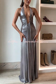 Sexy Silhouette Metallic Fabric Deep U-neck Halter Waterfall Sash Drape Maxi Dress