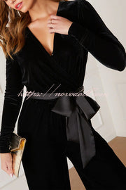 Love One Another Velvet Bow Belted Pocket Cutout Back Loose Jumpsuit