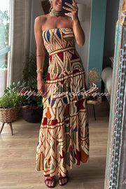 Bohemian Style Unique Print Tube Top Pleated Maxi Dress