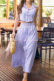 Stripe Print Lapel Sleeveless Button Top and Elastic Waist Casual Maxi Skirt Set