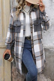 Retro Plaid Casual Long-sleeved Pocket Mid-length Coat