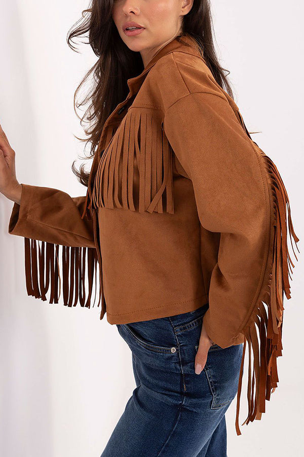 Fashion Lapel Long Sleeve Tassel Decorated Loose Coat