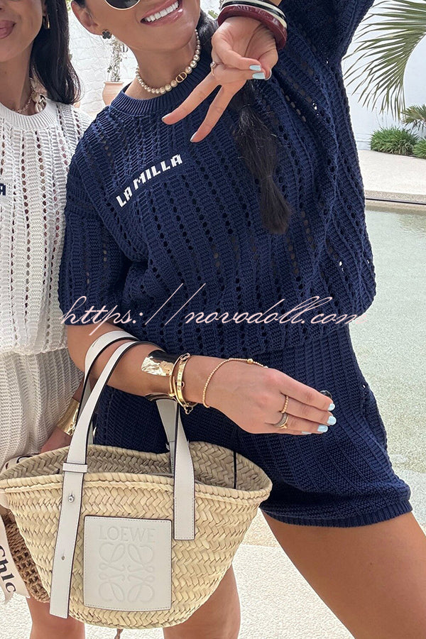 Fashionable Hollow Knit Short-sleeved Top and Elastic High-waist Casual Shorts Set