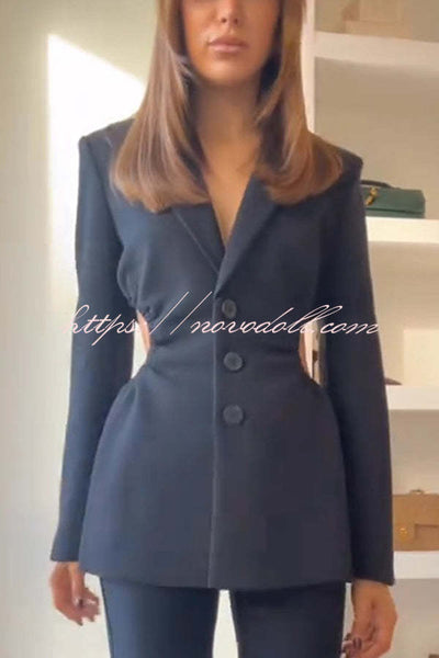 Hipster Boss Solid Color Hollow Side Waist Lapel Long Sleeve Blazer