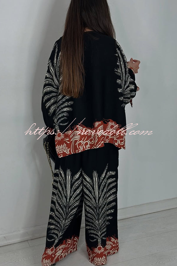 Unique Print Loose Drawstring Long Sleeve Top and Elastic Waist Casual Pocket Wide Leg Pants Set