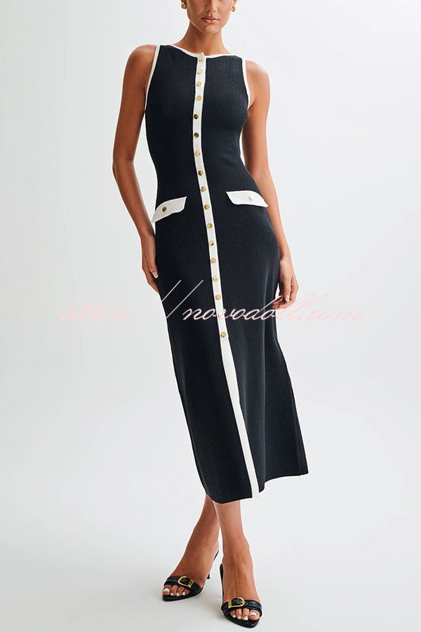 Elegant Slim Fit Crew Neck Buttoned Sleeveless Knit Midi Dress