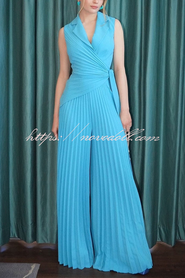 Solid Color Lapel Sleeveless Waist Tie Pleated Wide-leg Jumpsuit