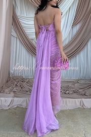 Julie Tulle Lace Trim Off Shoulder Ruched Back Lace-up Drape Slit Maxi Dress