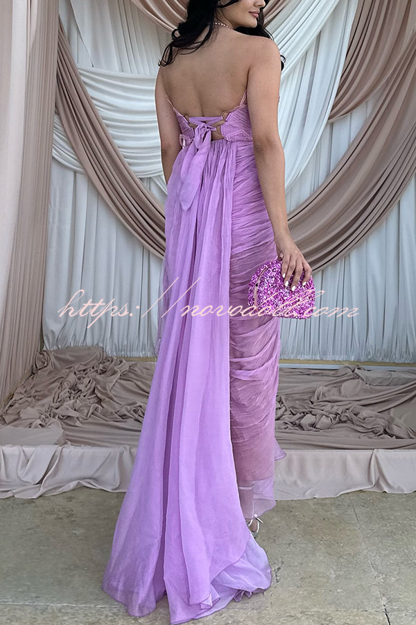 Julie Tulle Lace Trim Off Shoulder Ruched Back Lace-up Drape Slit Maxi Dress