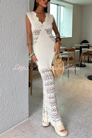 Solid Color Hollow Knitted V-neck Slim Fishtail Maxi Dress