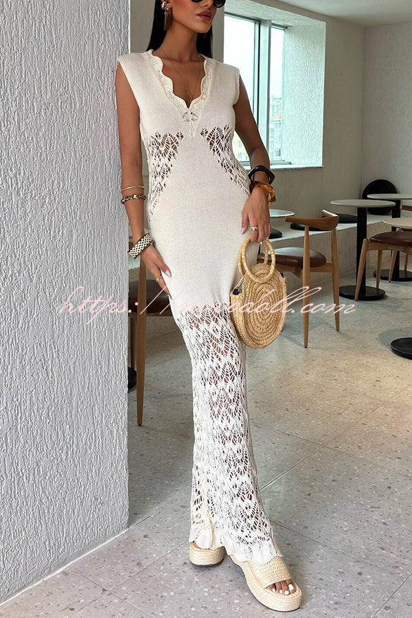 Solid Color Hollow Knitted V-neck Slim Fishtail Maxi Dress