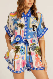 Unique Printed Short-sleeved Casual Loose Shirt and Elastic Waist Drawstring Pocket Shorts Set