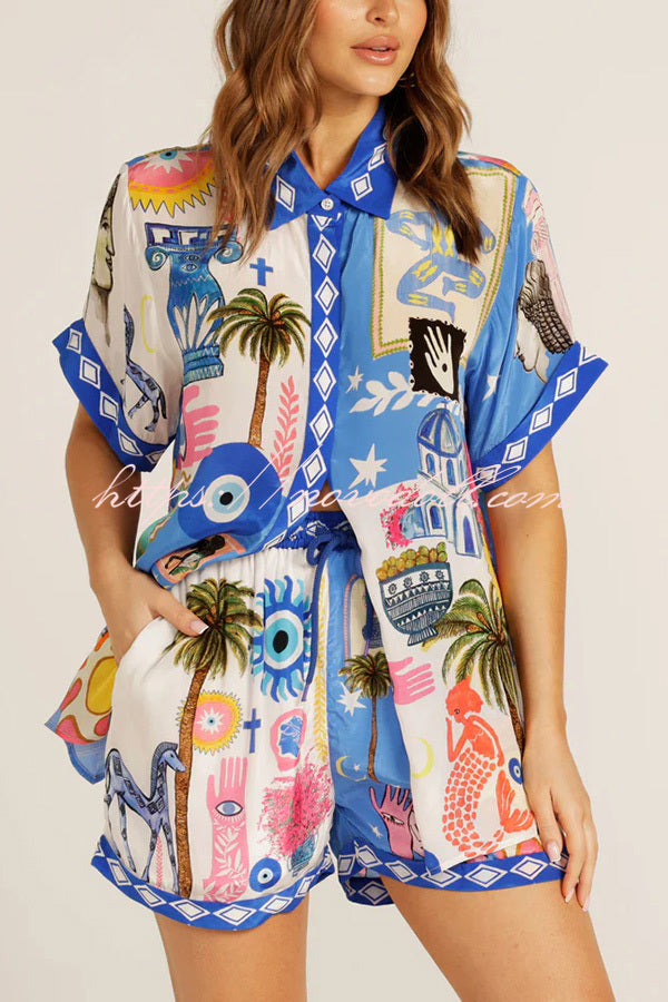 Unique Printed Short-sleeved Casual Loose Shirt and Elastic Waist Drawstring Pocket Shorts Set