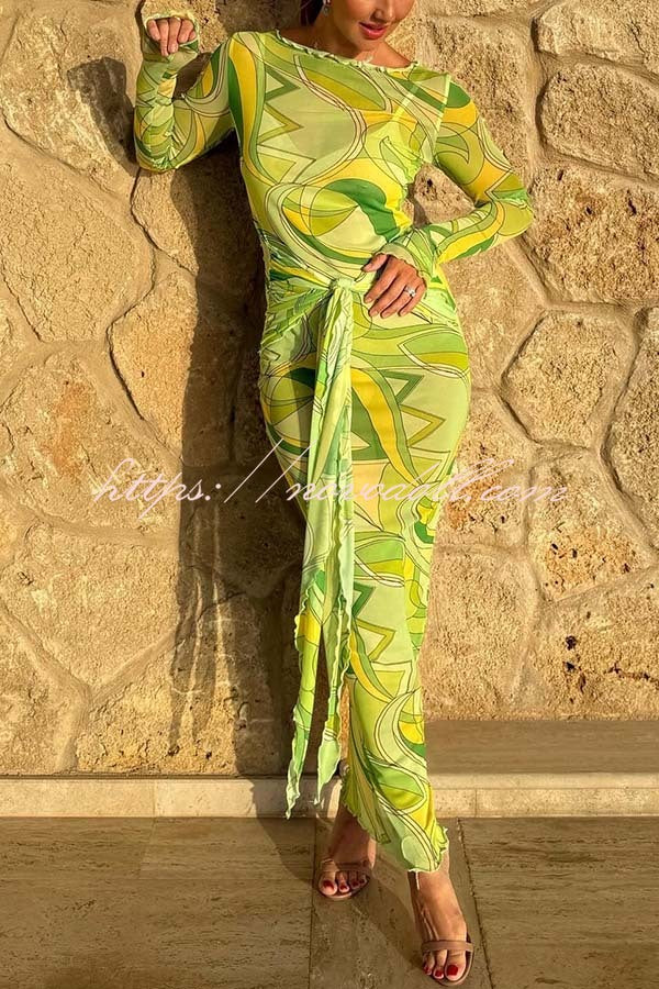 Nessie Mesh Unique Print Tie-up Waist Long Sleeve Stretch See-Through Maxi Dress
