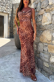 Leopard Print Sexy Strap Holiday Cover Up Maxi Dress