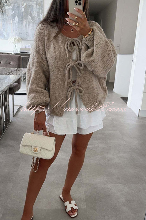 Solid Color Long-sleeved V-neck Lace-up Loose Knitted Sweater