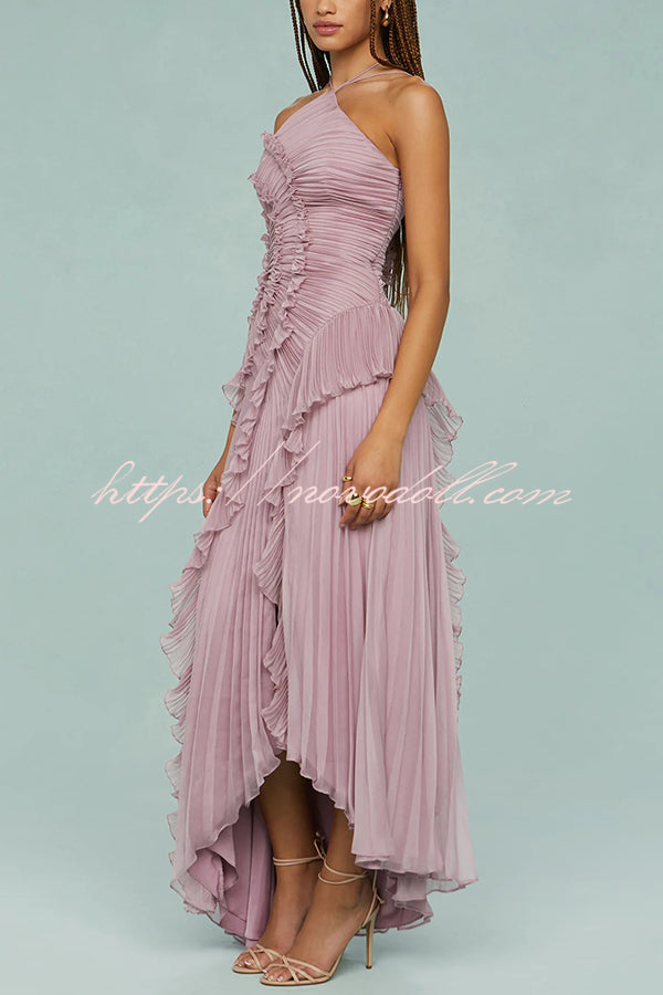 Dream Ode Lily Pad Style Pleats and Ruffles Halter Gown Maxi Dress