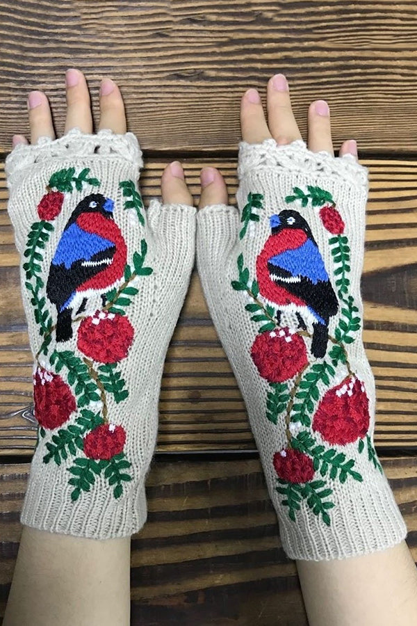 Little Red Bird Flower Embroidery Knitted Warm Gloves