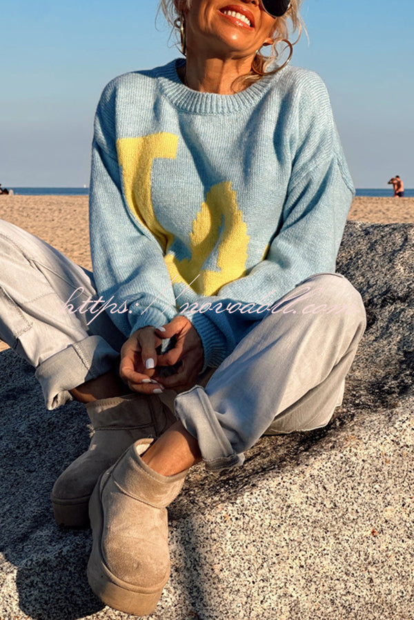 Letter Pattern Crew Neck Long Sleeve Loose Knit Sweater