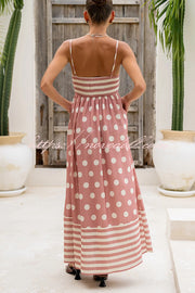 Striped Polka-dot Print Sling Pleated Open-back Maxi Dress