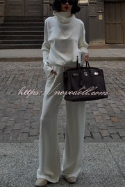 Morning Coffee Walks Ribbed Turtleneck Long Sleeve Sweatshirt and Elastic Waist Pocketed Loose Pants Set