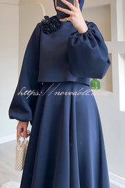 Solid Color Flower-embellished Lantern Sleeve Loose Top and Casual Maxi Skirt Set