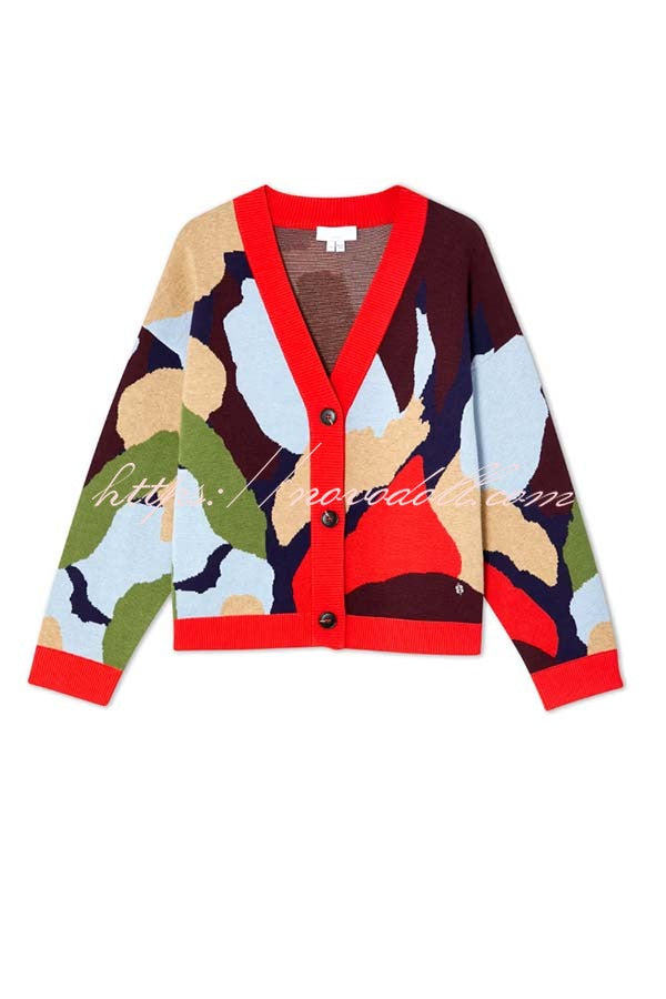 Bright and Bold Knit Abstract Color Blocks Button Long Sleeve Loose Cardigan