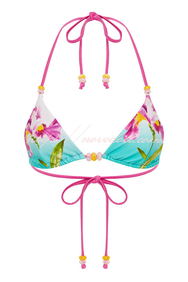 Floral Print Sexy Beaded Lace-Up Stretch Two-Piece Bikini Swimsuit