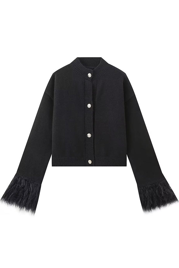 Solid Color Elegant Feather Long Sleeve Casual Knitted Cardigan