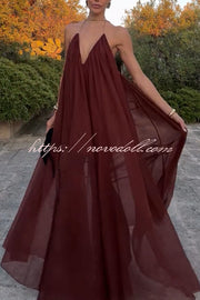 Flowing Lightweight Chiffon Chain Halter Neck Detail Backless A-line Maxi Dress