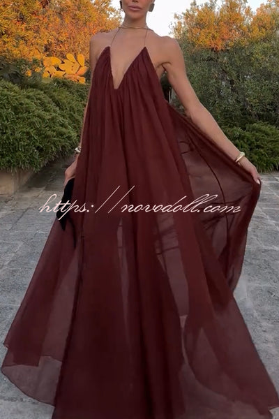 Flowing Lightweight Chiffon Chain Halter Neck Detail Backless A-line Maxi Dress