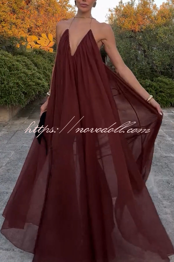 Flowing Lightweight Chiffon Chain Halter Neck Detail Backless A-line Maxi Dress